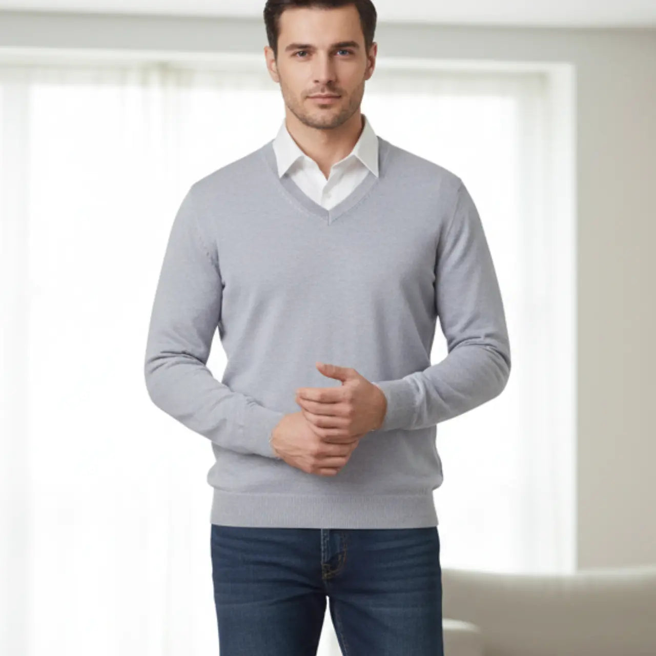 MunaWear - Sweaters - Aidan – Slim-Fit Men's Sweater With V-Neck For Casual And Formal Wear - Light Gray / 3XL