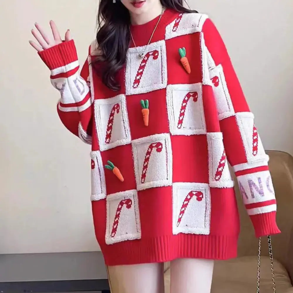Cozy Oversized Christmas Sweater With Candy Cane Pattern – Perfect for Festive Gatherings 2
