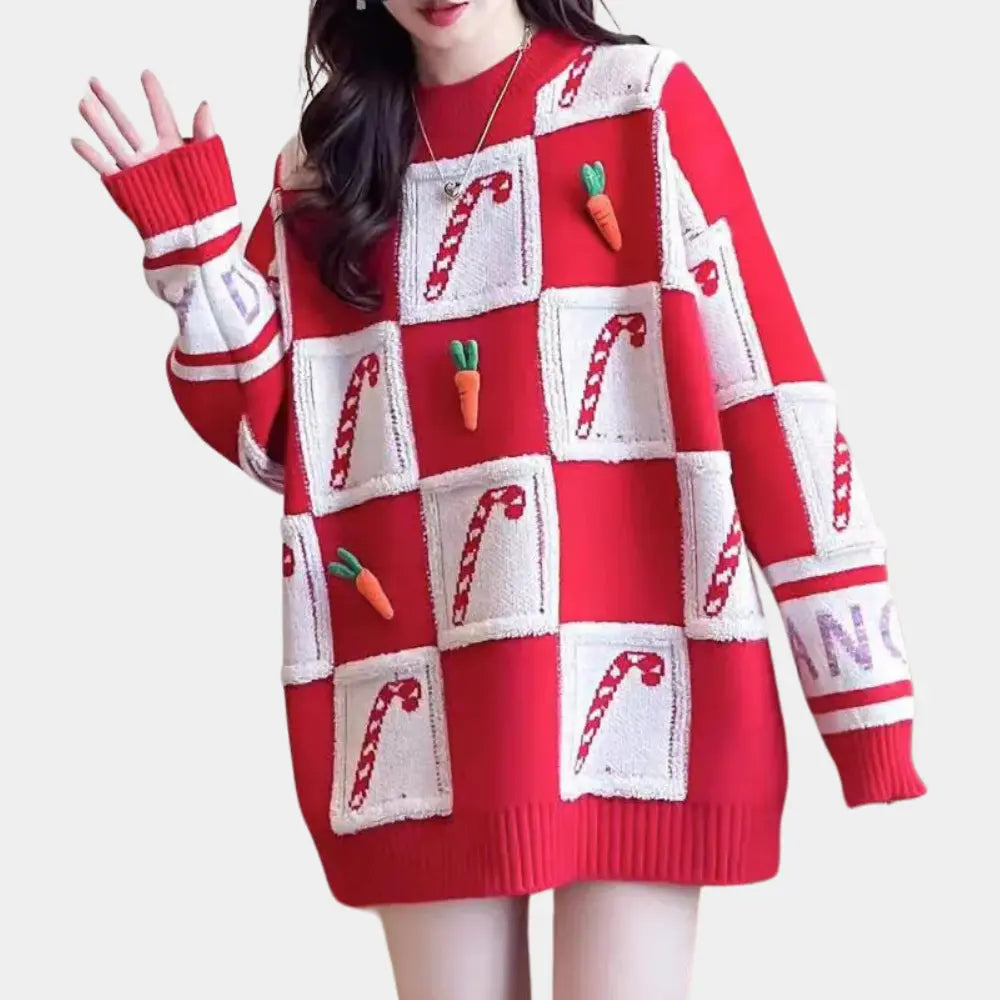 Cozy Oversized Christmas Sweater With Candy Cane Pattern – Perfect for Festive Gatherings 1