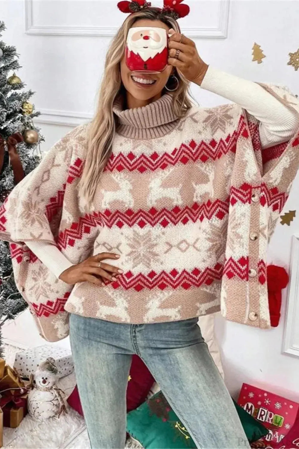 Oversized Women's Christmas Elk Sweater With High Collar – Cozy Style for Festive Celebrations 2