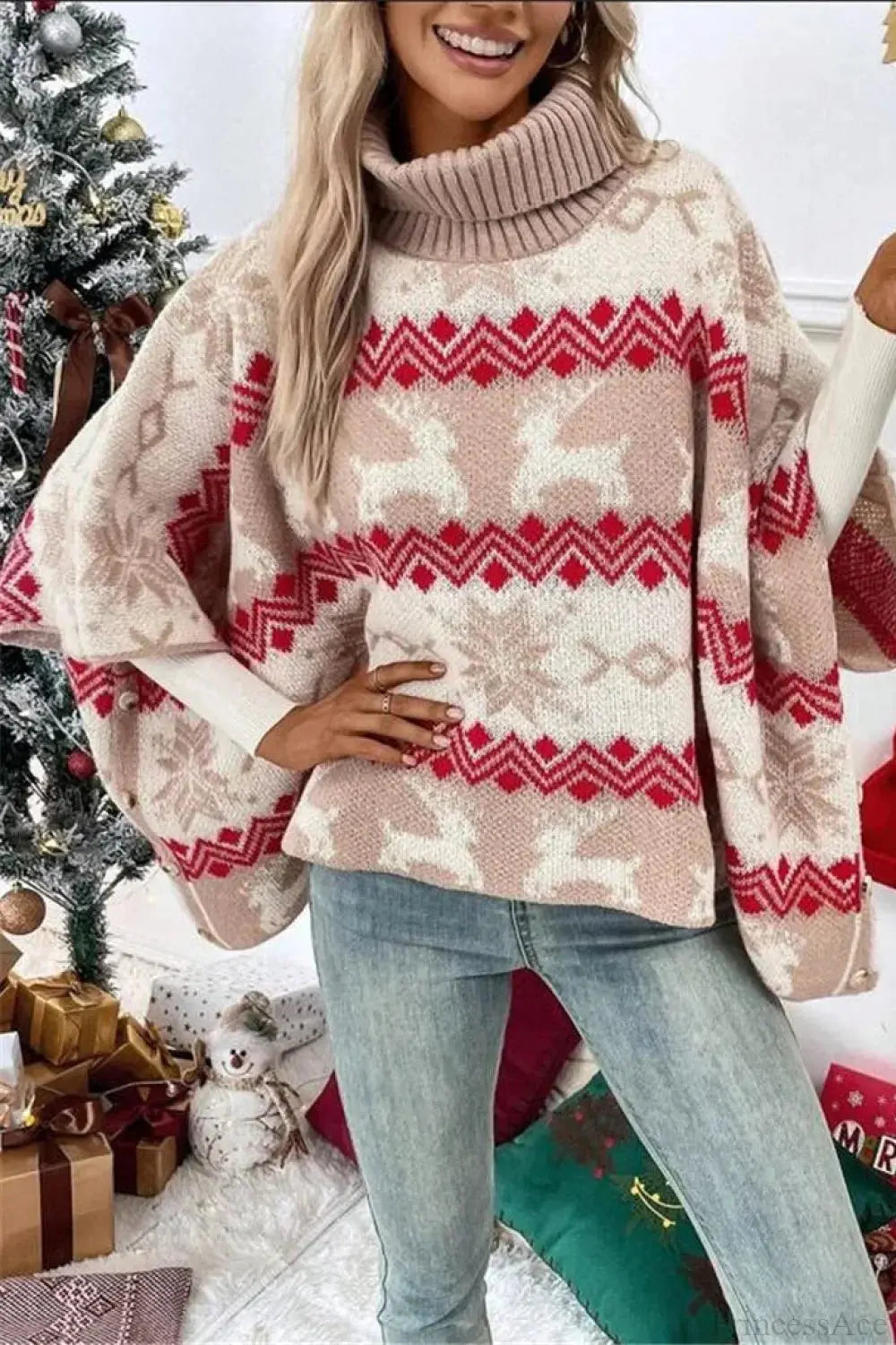 Oversized Women's Christmas Elk Sweater With High Collar – Cozy Style for Festive Celebrations 1