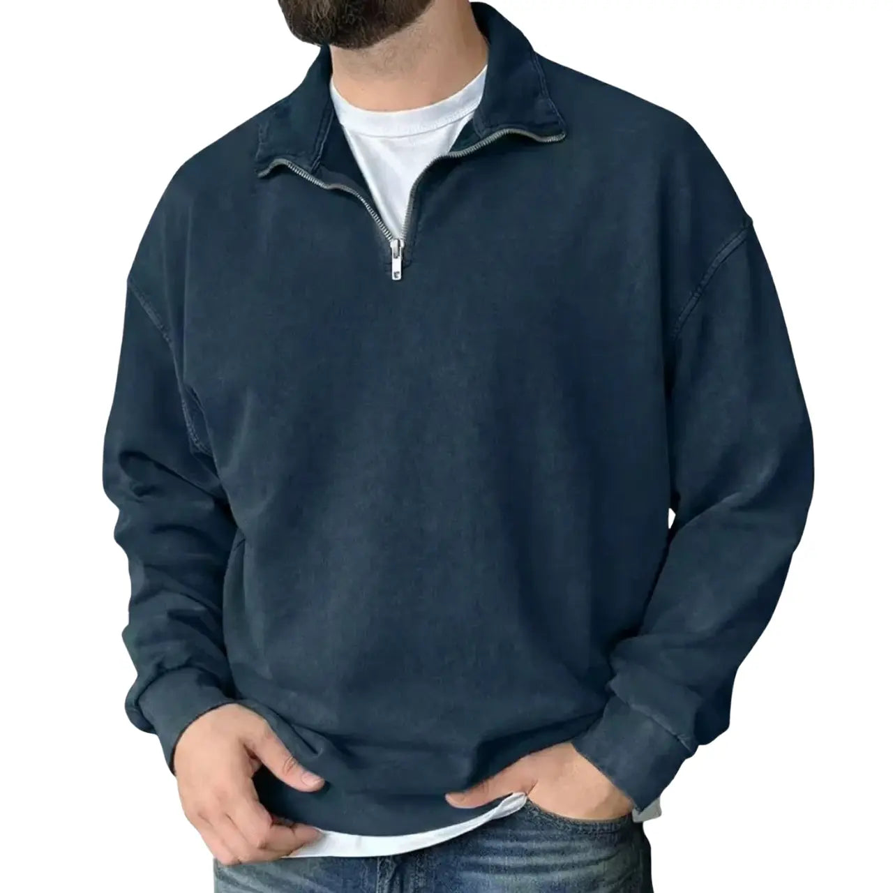 MunaWear - Sweaters & Sweatshirts - Caden - Stylish Men's Polo Neck Sweatshirt for Casual Social Wear - Dark Blue / 5XL