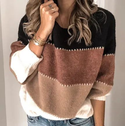 MunaWear - Sweatshirts - Liora - Classic Striped Women's Sweatshirt With Elegant Style For Casual Wear - Brown / 5XL