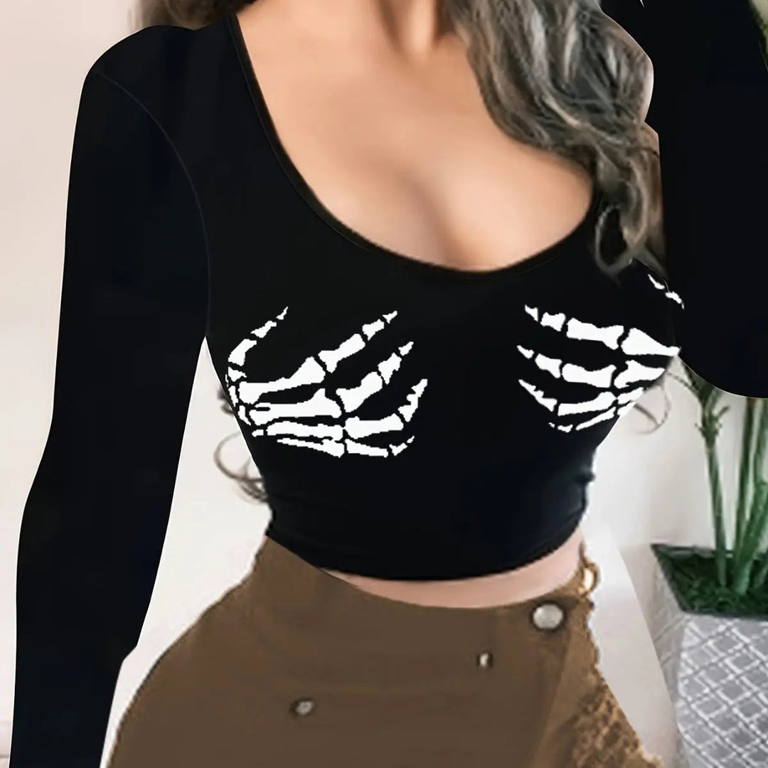 Heidi - Trendy Women's Crop Top With Skeleton Print For Halloween And Casual Wear 1