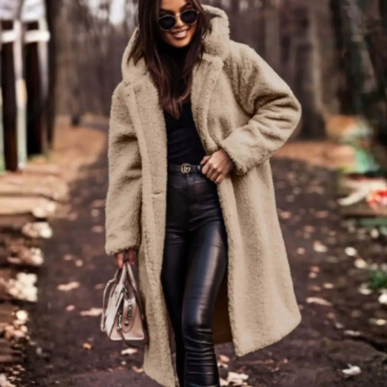 MunaWear - Teddy Coats - Clova – Cozy Long Teddy Coat With Hood For Casual Outings - Beige / 3XL