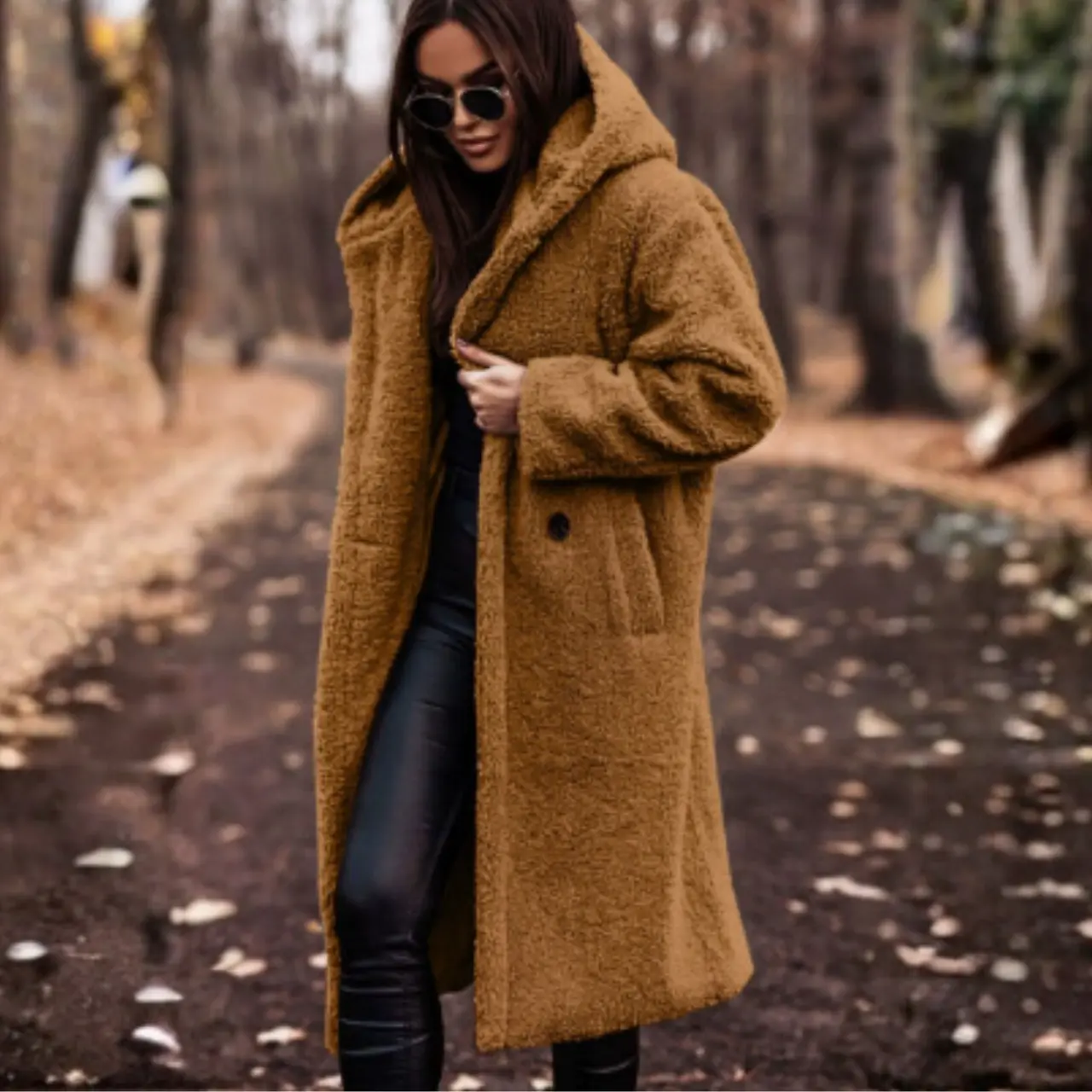 MunaWear - Teddy Coats - Clova – Cozy Long Teddy Coat With Hood For Casual Outings - Golden Brown / 3XL