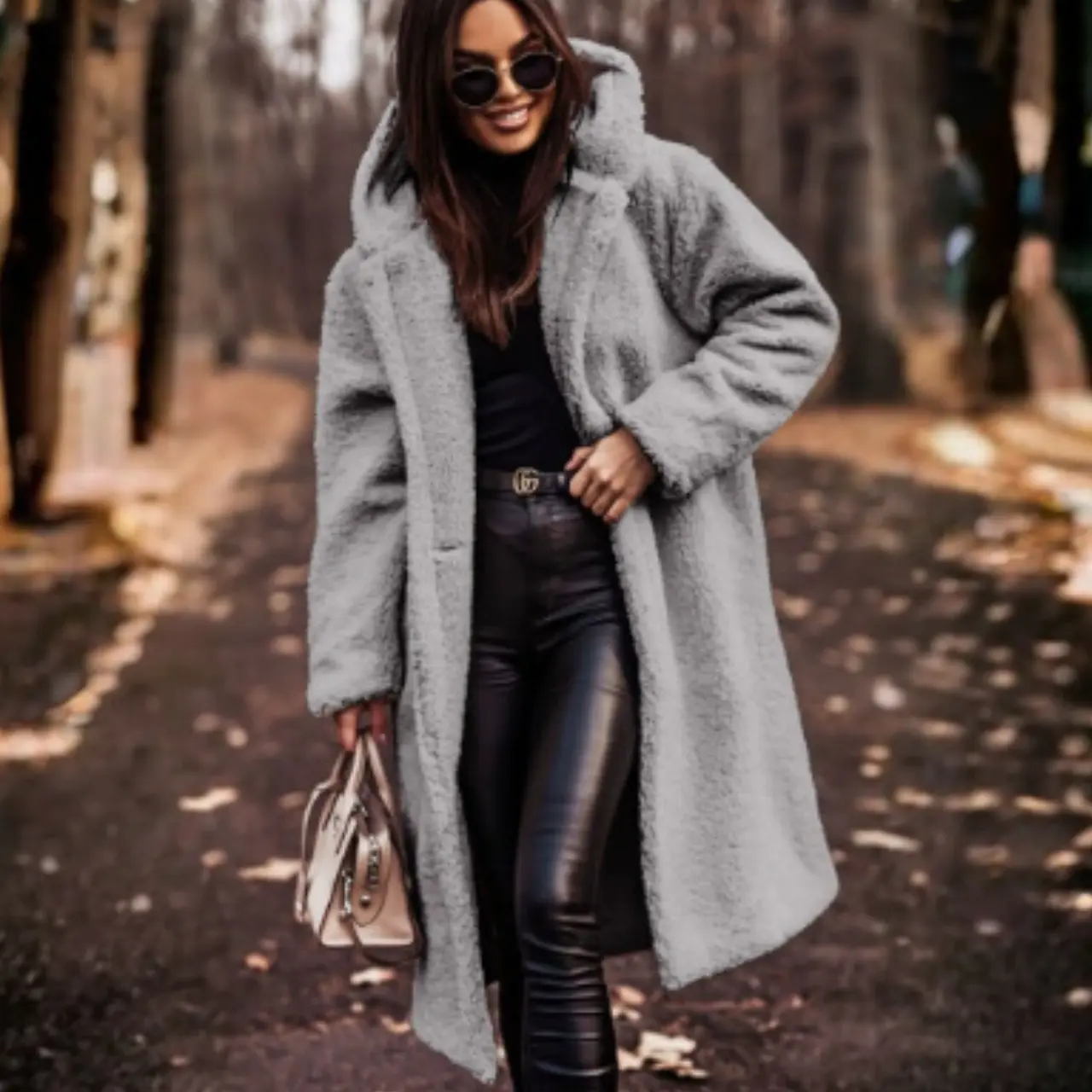 MunaWear - Teddy Coats - Clova – Cozy Long Teddy Coat With Hood For Casual Outings - Light Gray / 3XL