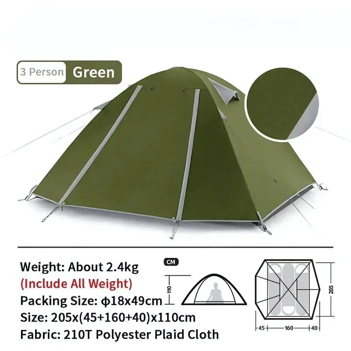 MunaWear - Tents & Hammocks - SwiftPeak – Ultralight Double Layer Camping Tent for 2-3 Persons with Durable 20D Nylon and Easy Setup - Green / 3 Persons