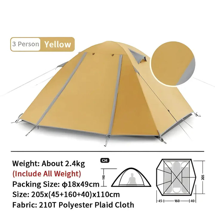 MunaWear - Tents & Hammocks - SwiftPeak – Ultralight Double Layer Camping Tent for 2-3 Persons with Durable 20D Nylon and Easy Setup - Yellow / 3 Persons