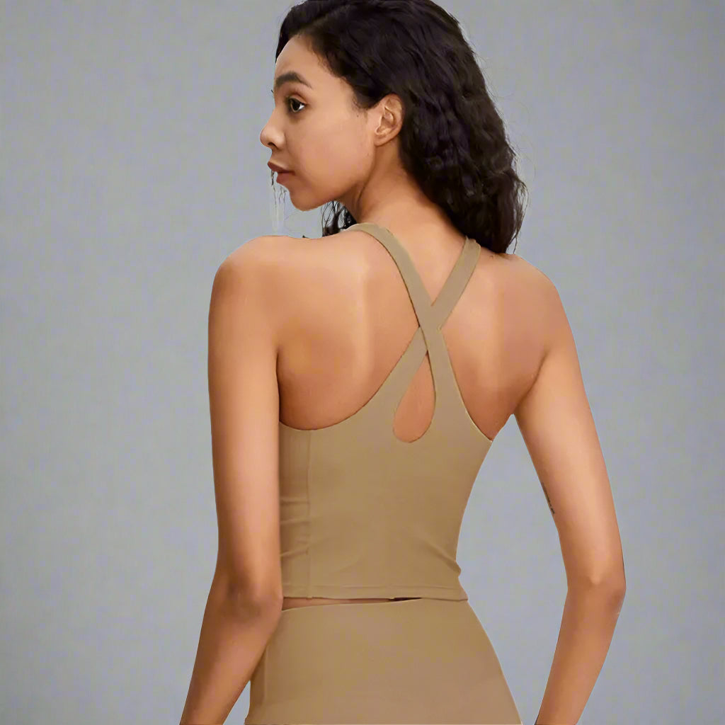 MunaWear - Tops & T-Shirts - Lila – Breathable Cross-Back Sports Top with Built-In Push-Up Bra for Gym, Running & Workout - 