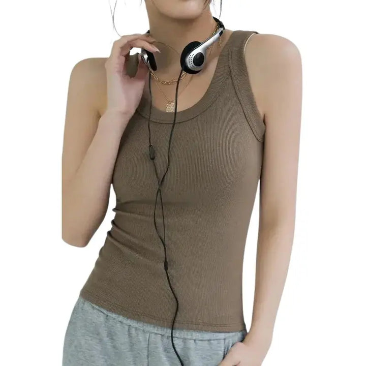 MunaWear  Tops & T-Shirts  Lumen - White Ribbed Tank Top with Built-in Bra for Women, Stylish Camisole for Summer  Khaki-L