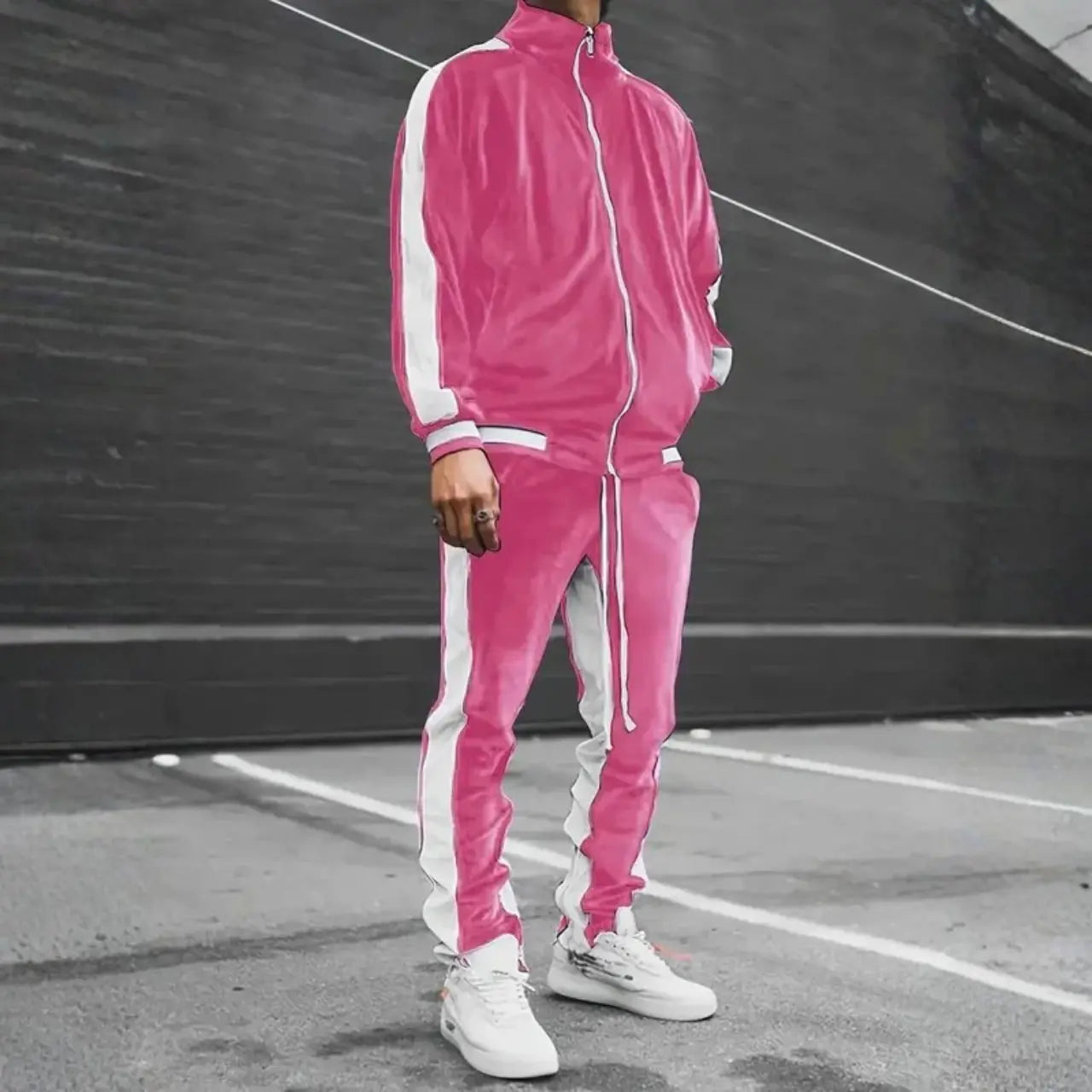 MunaWear - Tracksuits - Caden - Luxe Men's Tracksuit With Velvet Fabric And Drawstring For Casual And Street Style - Pink / 5XL