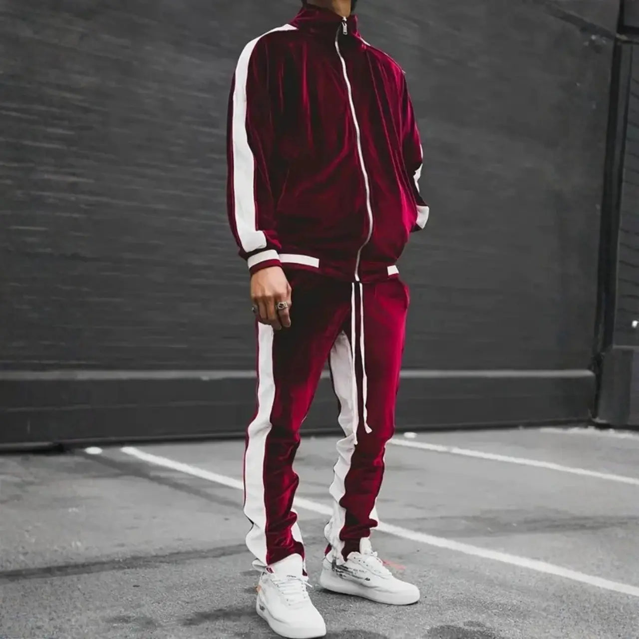 MunaWear - Tracksuits - Caden - Luxe Men's Tracksuit With Velvet Fabric And Drawstring For Casual And Street Style - Red / 5XL
