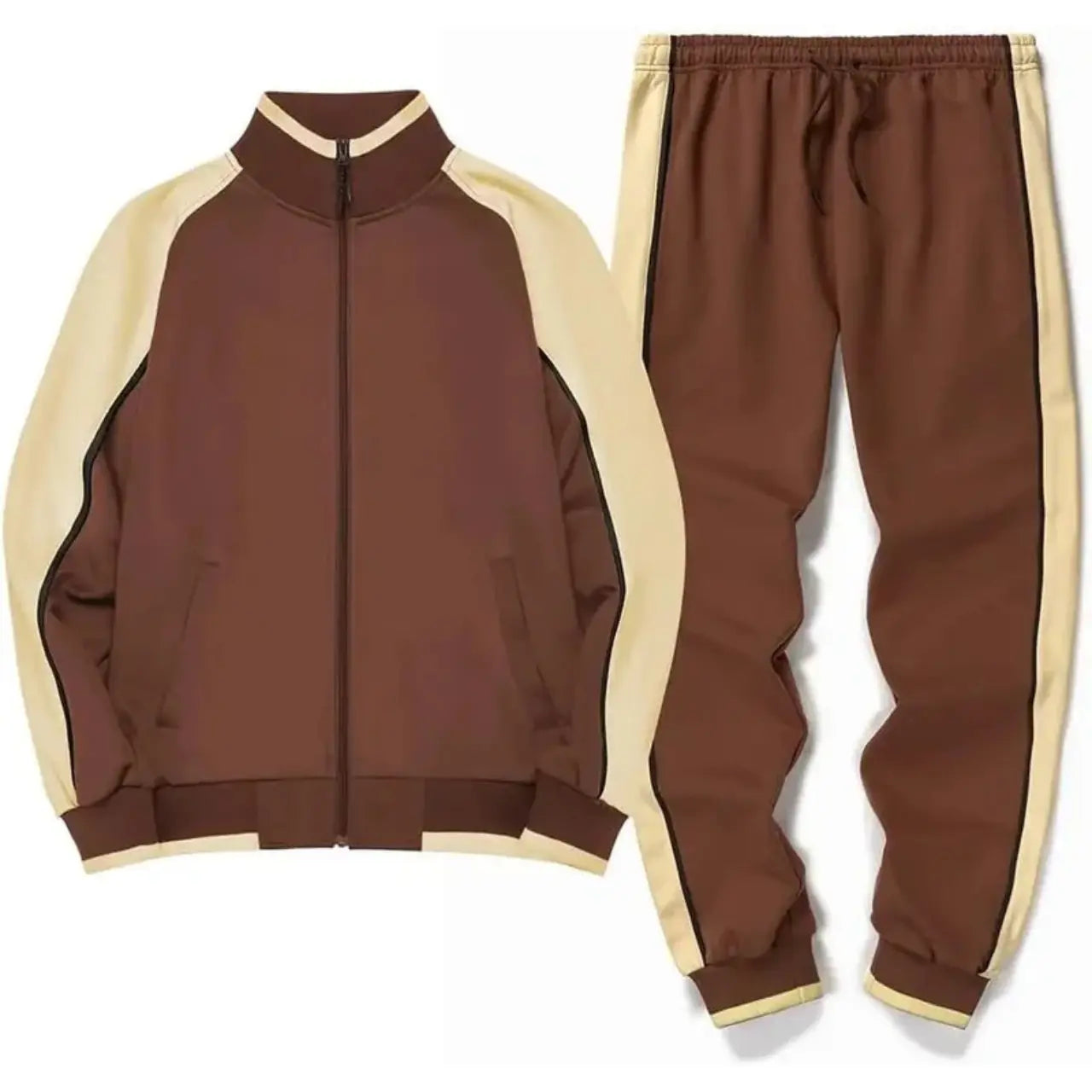 MunaWear - Tracksuits - Caden - Stylish Men's Tracksuit Set With Colorblock Design For Active Lifestyle - Brown / 2XL