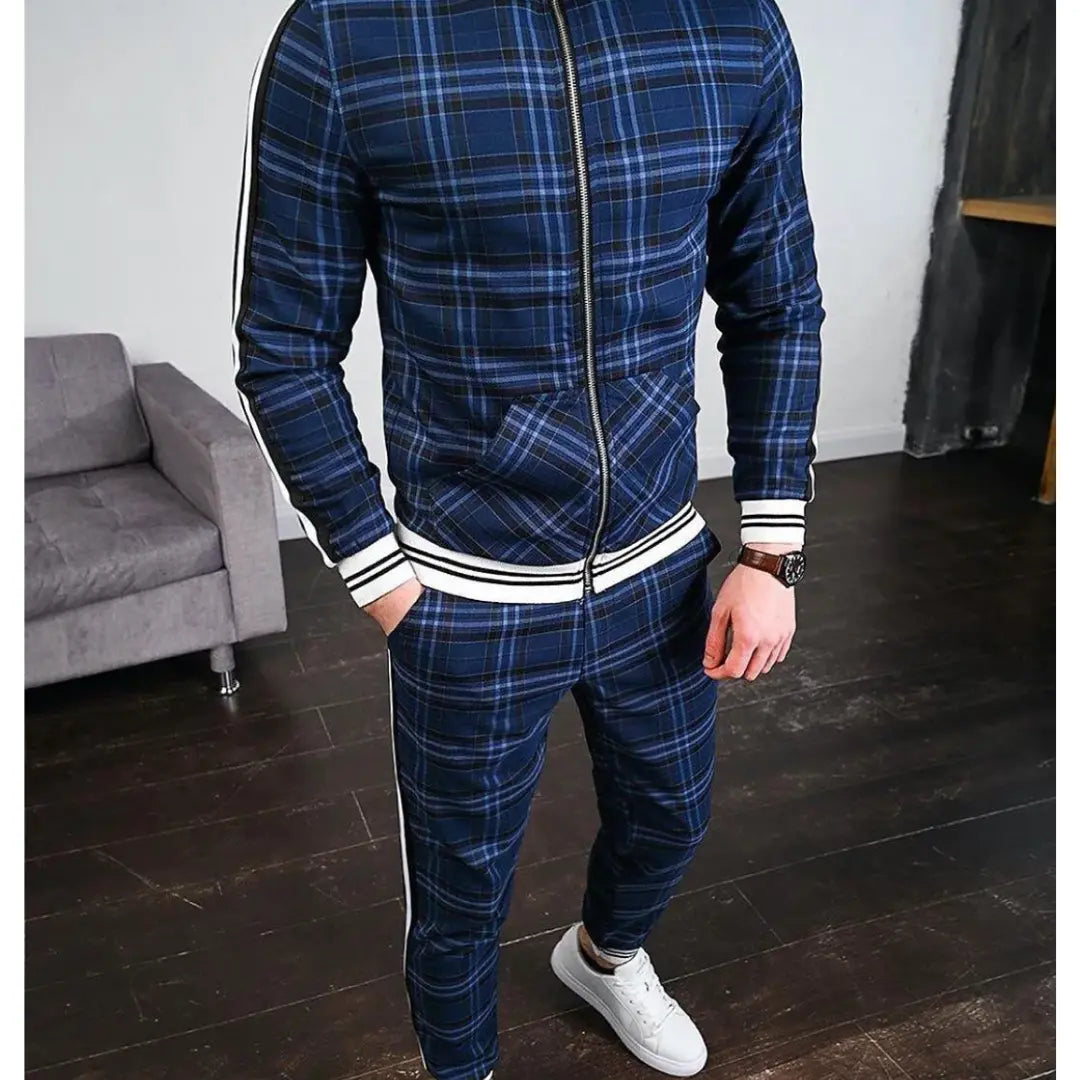 Caden - Stylish Men's Tracksuit With Checked Design And Striped Cuffs For Casual Outings 1