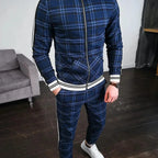 MunaWear - Tracksuits - Caden - Stylish Men's Tracksuit With Checked Design And Striped Cuffs For Casual Outings - Blue / 2XL