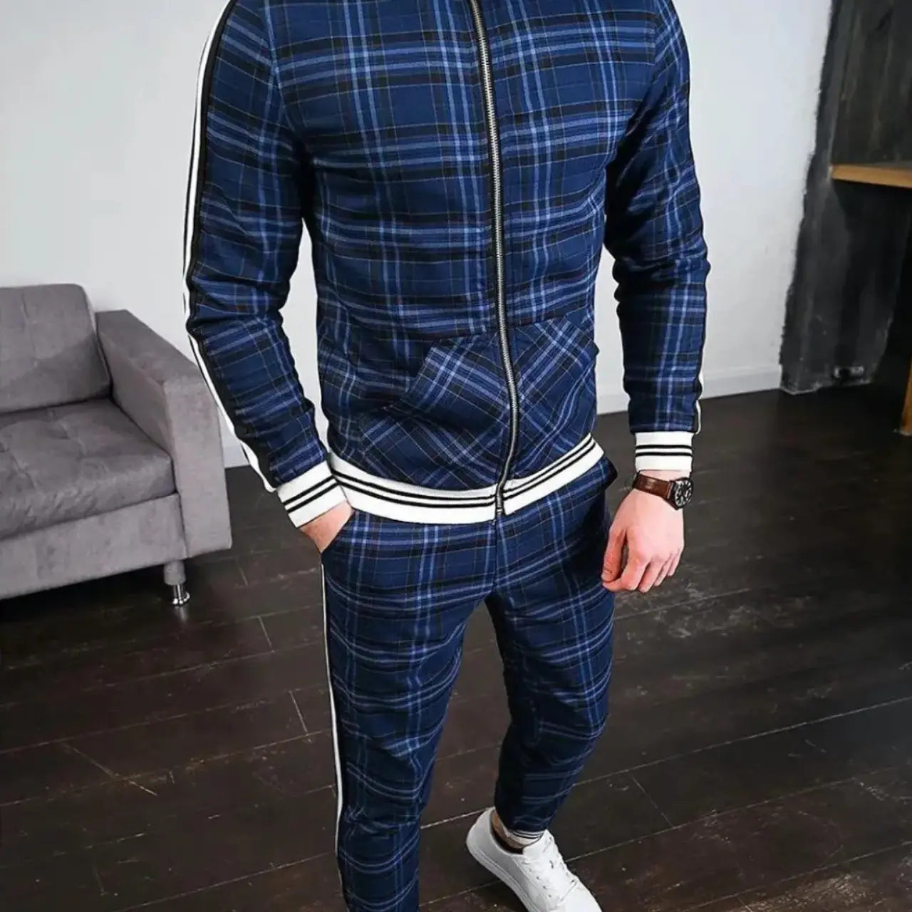 MunaWear - Tracksuits - Caden - Stylish Men's Tracksuit With Checked Design And Striped Cuffs For Casual Outings - Blue / 2XL