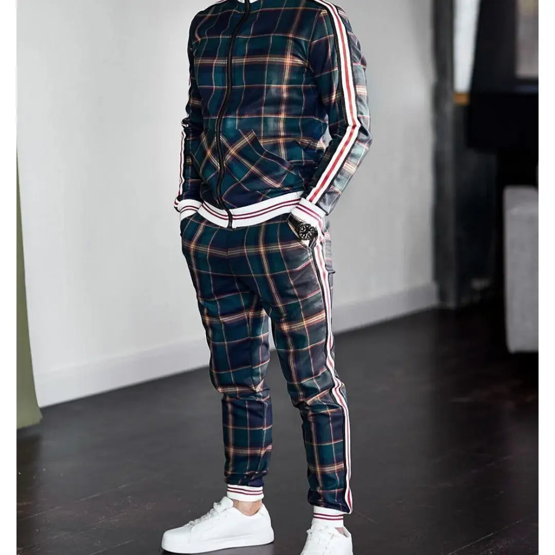 Caden - Stylish Men's Tracksuit With Checked Design And Striped Cuffs For Casual Outings 0