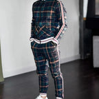 MunaWear - Tracksuits - Caden - Stylish Men's Tracksuit With Checked Design And Striped Cuffs For Casual Outings - Green / 2XL