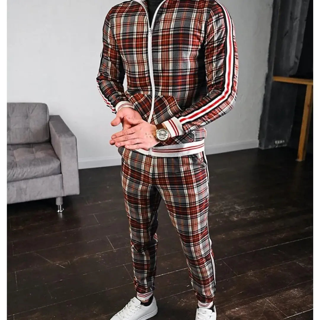 Caden - Stylish Men's Tracksuit With Checked Design And Striped Cuffs For Casual Outings 4