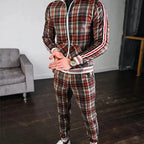 MunaWear - Tracksuits - Caden - Stylish Men's Tracksuit With Checked Design And Striped Cuffs For Casual Outings - Khaki / 2XL