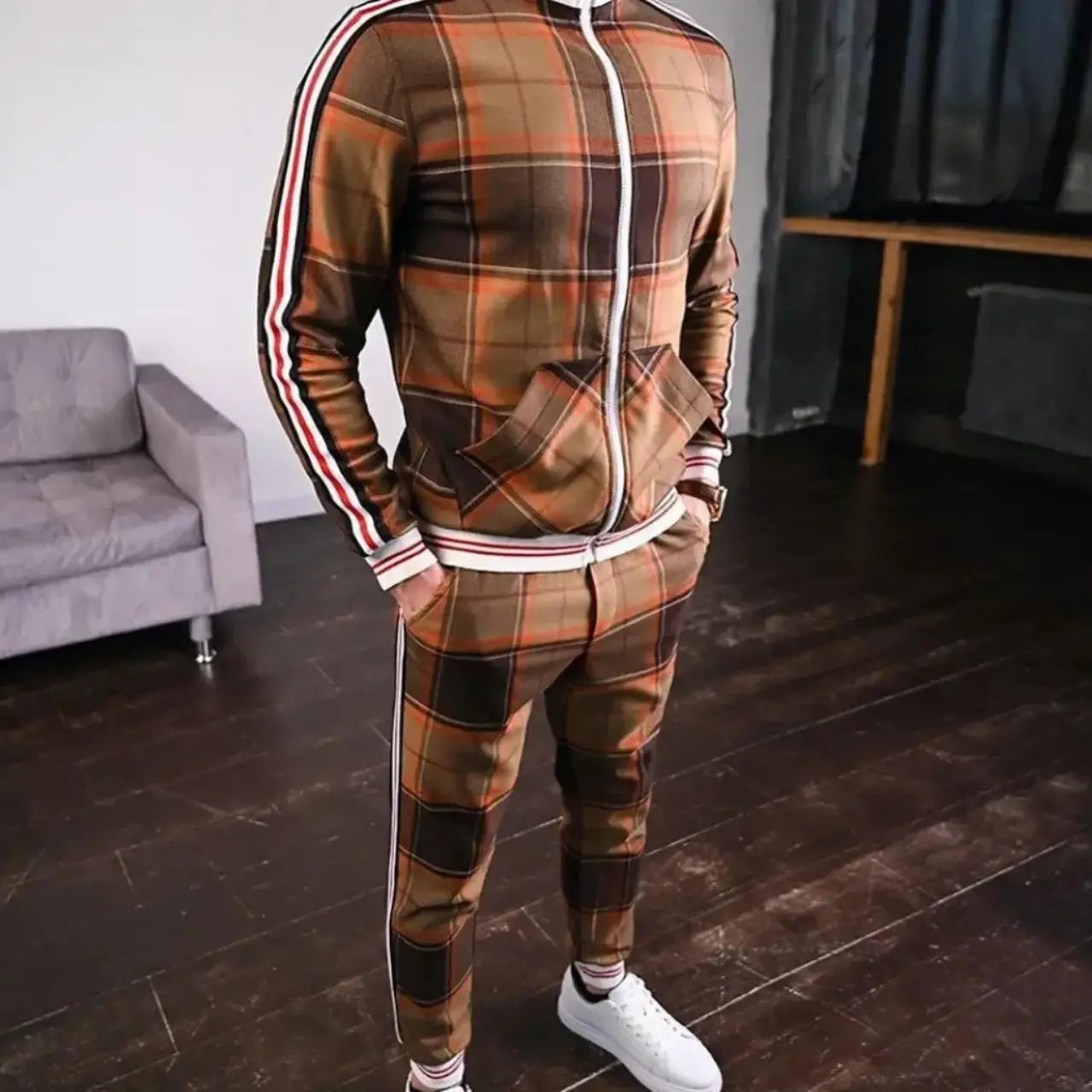 MunaWear - Tracksuits - Caden - Stylish Men's Tracksuit With Checked Design And Striped Cuffs For Casual Outings - Orange / 2XL
