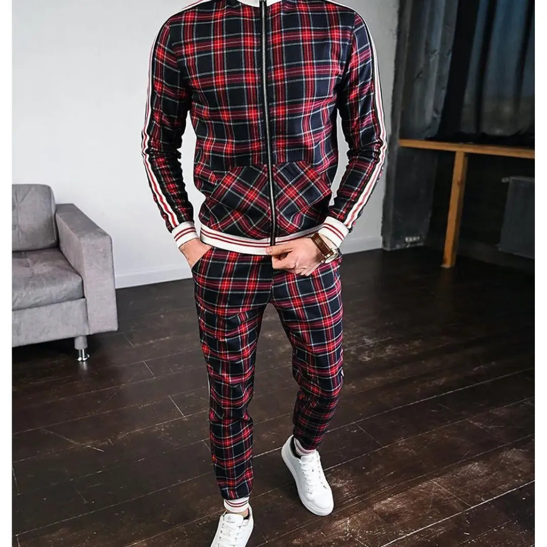 Caden - Stylish Men's Tracksuit With Checked Design And Striped Cuffs For Casual Outings 2