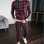 MunaWear - Tracksuits - Caden - Stylish Men's Tracksuit With Checked Design And Striped Cuffs For Casual Outings - Red / 2XL