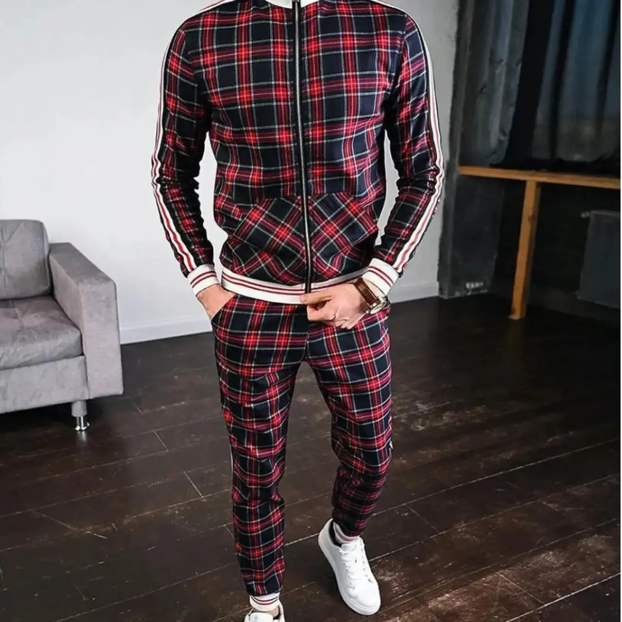 MunaWear - Tracksuits - Caden - Stylish Men's Tracksuit With Checked Design And Striped Cuffs For Casual Outings - Red / 2XL
