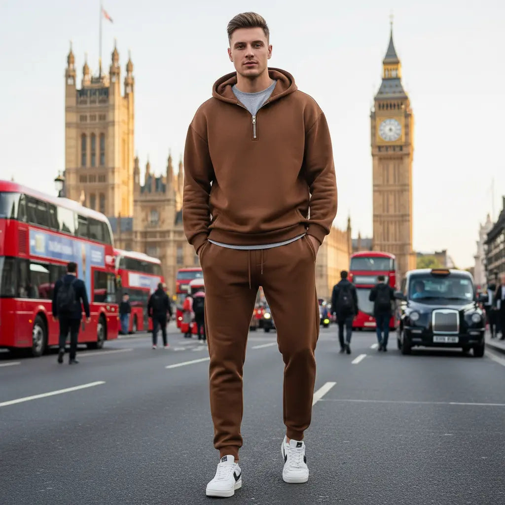 MunaWear - Tracksuits - Caden - Stylish Men's Tracksuit With Half Zipper For Casual Outdoor Activities - Brown / XXL