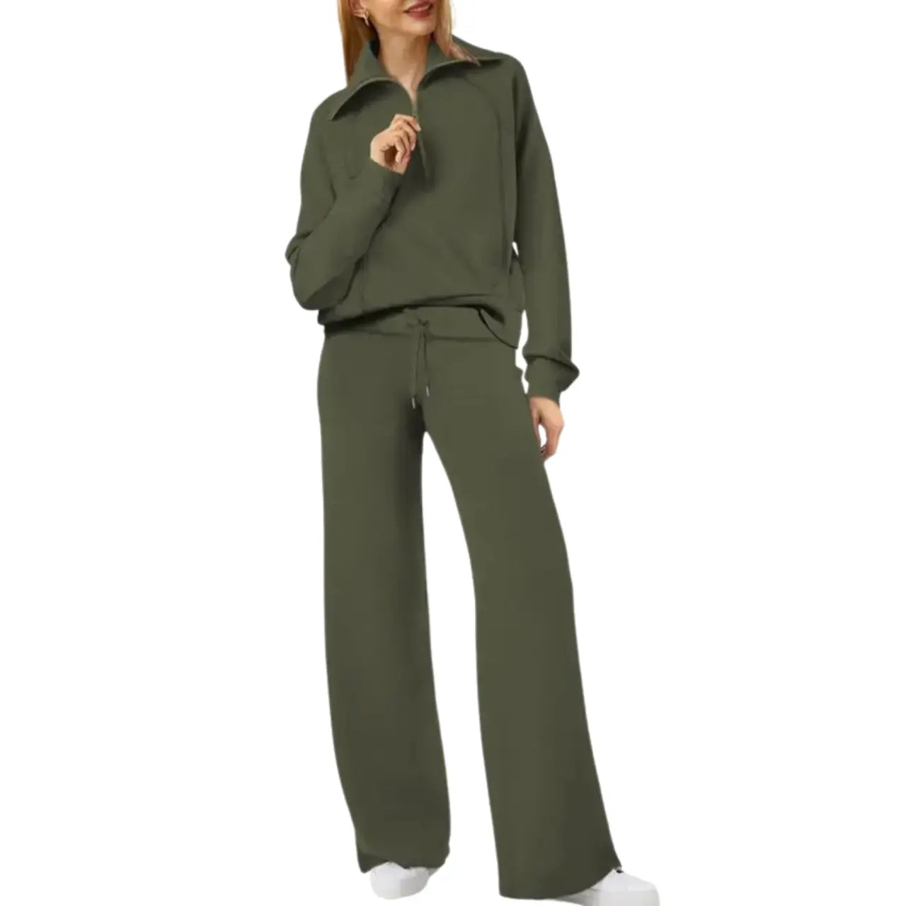 MunaWear - Tracksuits - Liora - Stylish Women's Tracksuit Set With Wide-Leg Design For Casual Outings - Army Green / 2XL