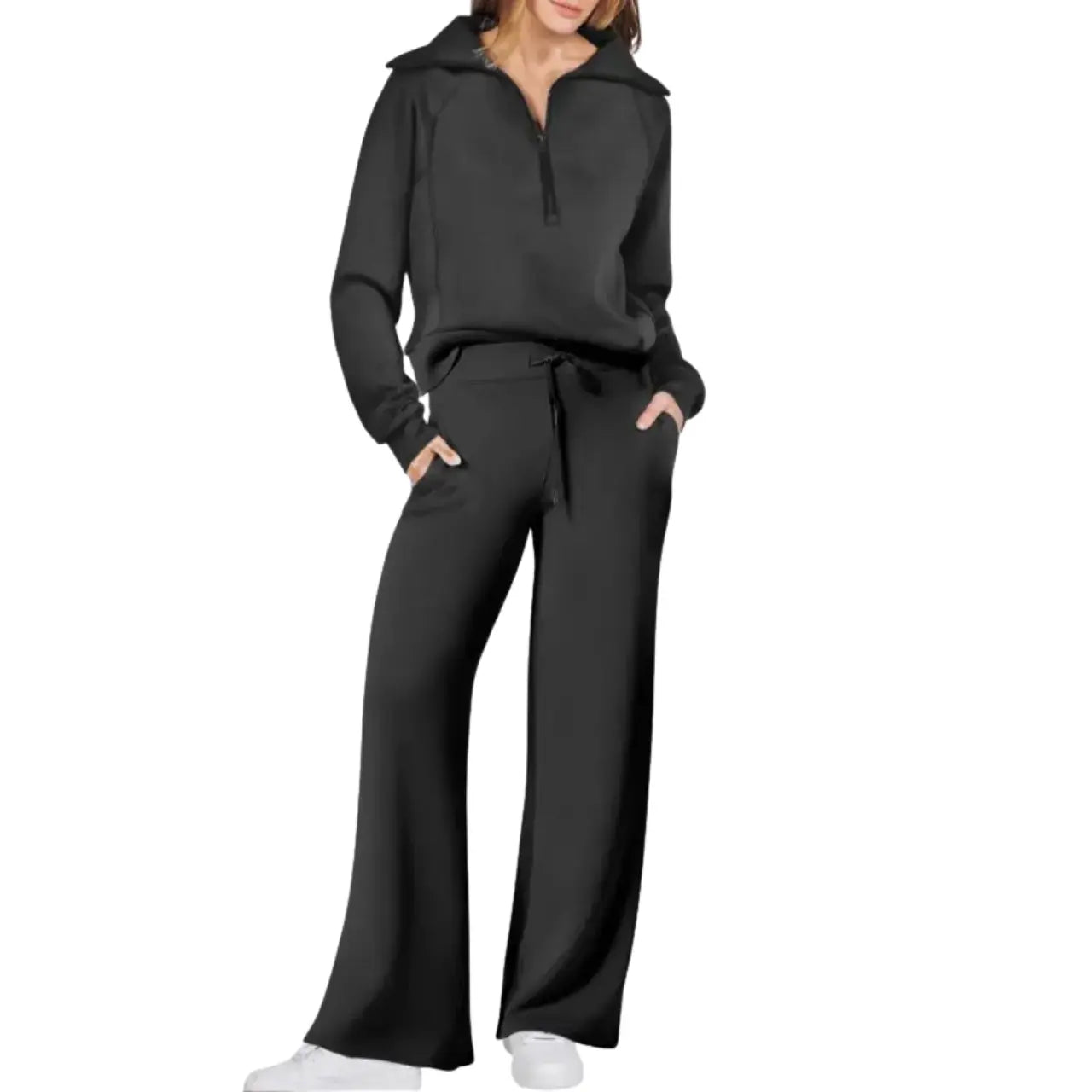 MunaWear - Tracksuits - Liora - Stylish Women's Tracksuit Set With Wide-Leg Design For Casual Outings - Black / 2XL