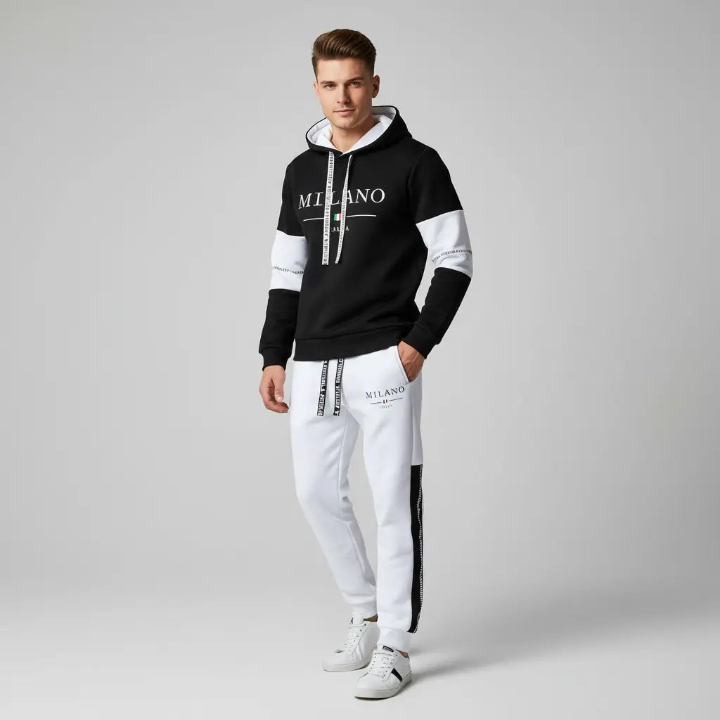 MunaWear - Tracksuits - Rhett – Stylish Tracksuit with Hooded Sweatshirt & Jogger Pants Set for Men, Casual Sport Suit - Black/White / 3XL