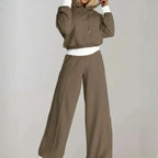 MunaWear - Tracksuits - Selina - Stylish Women's Tracksuit Set With Cropped Hoodie And Wide-Leg Trousers For Casual Outings - Brown / 2XL