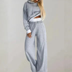 MunaWear - Tracksuits - Selina - Stylish Women's Tracksuit Set With Cropped Hoodie And Wide-Leg Trousers For Casual Outings - Grey / 2XL
