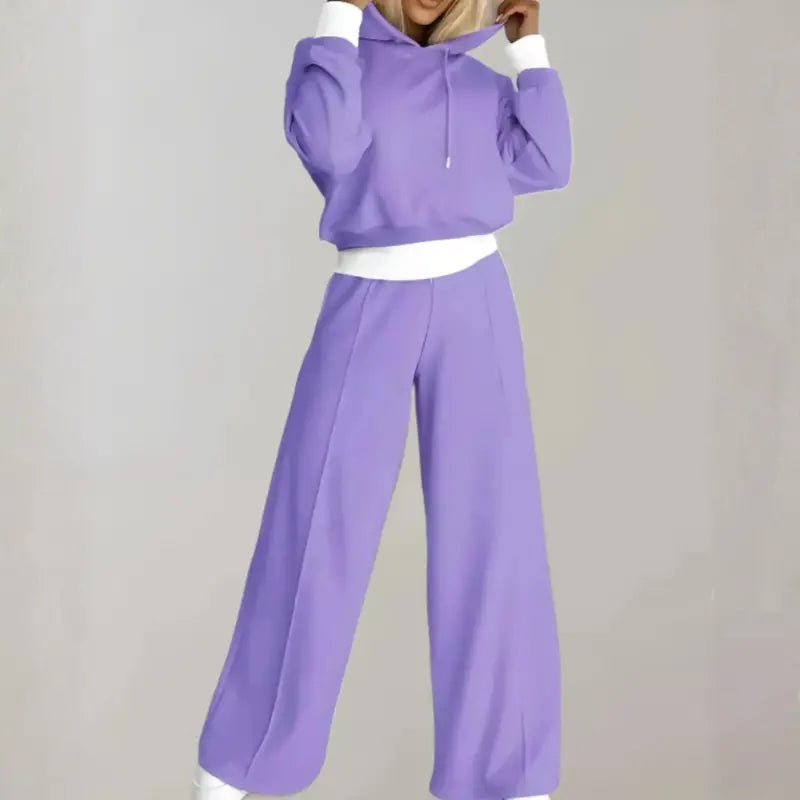 MunaWear - Tracksuits - Selina - Stylish Women's Tracksuit Set With Cropped Hoodie And Wide-Leg Trousers For Casual Outings - Purple / 2XL