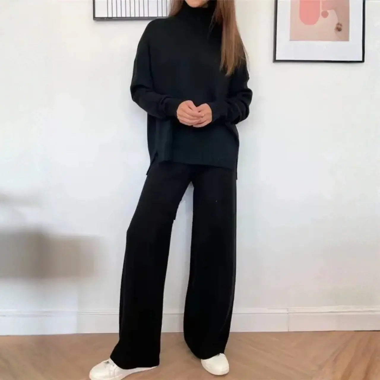 MunaWear - Tracksuits - Terrae – Cozy Knitted Turtleneck Sweater & Straight Jogging Pants Set - Black / XL