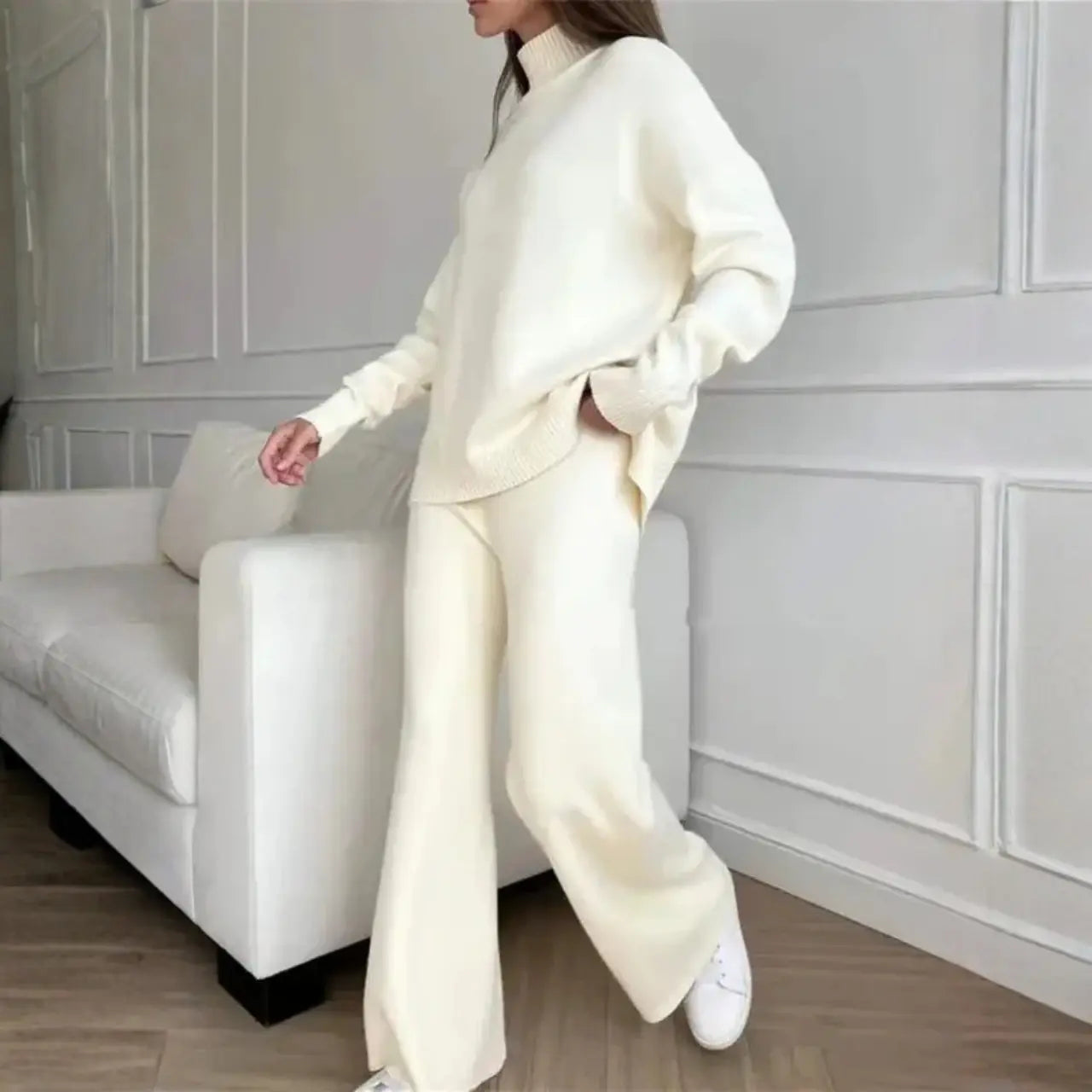 MunaWear - Tracksuits - Terrae – Cozy Knitted Turtleneck Sweater & Straight Jogging Pants Set - White / XL