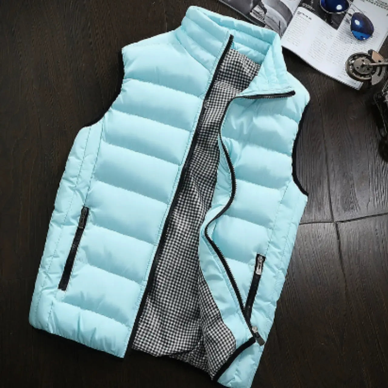 MunaWear - Vests - Ethan – Windproof Sleeveless Winter Vest for Men, Lightweight Cotton Waistcoat - Light Blue / 5XL