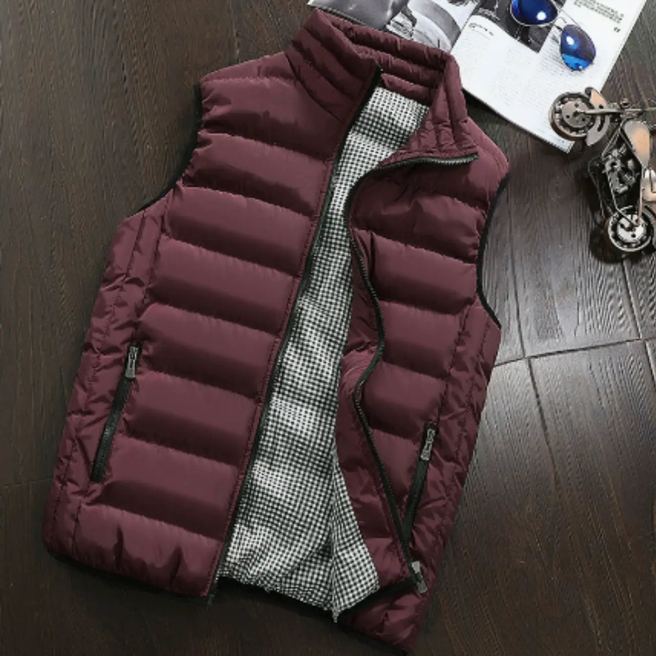 MunaWear - Vests - Ethan – Windproof Sleeveless Winter Vest for Men, Lightweight Cotton Waistcoat - Wine Red / 5XL