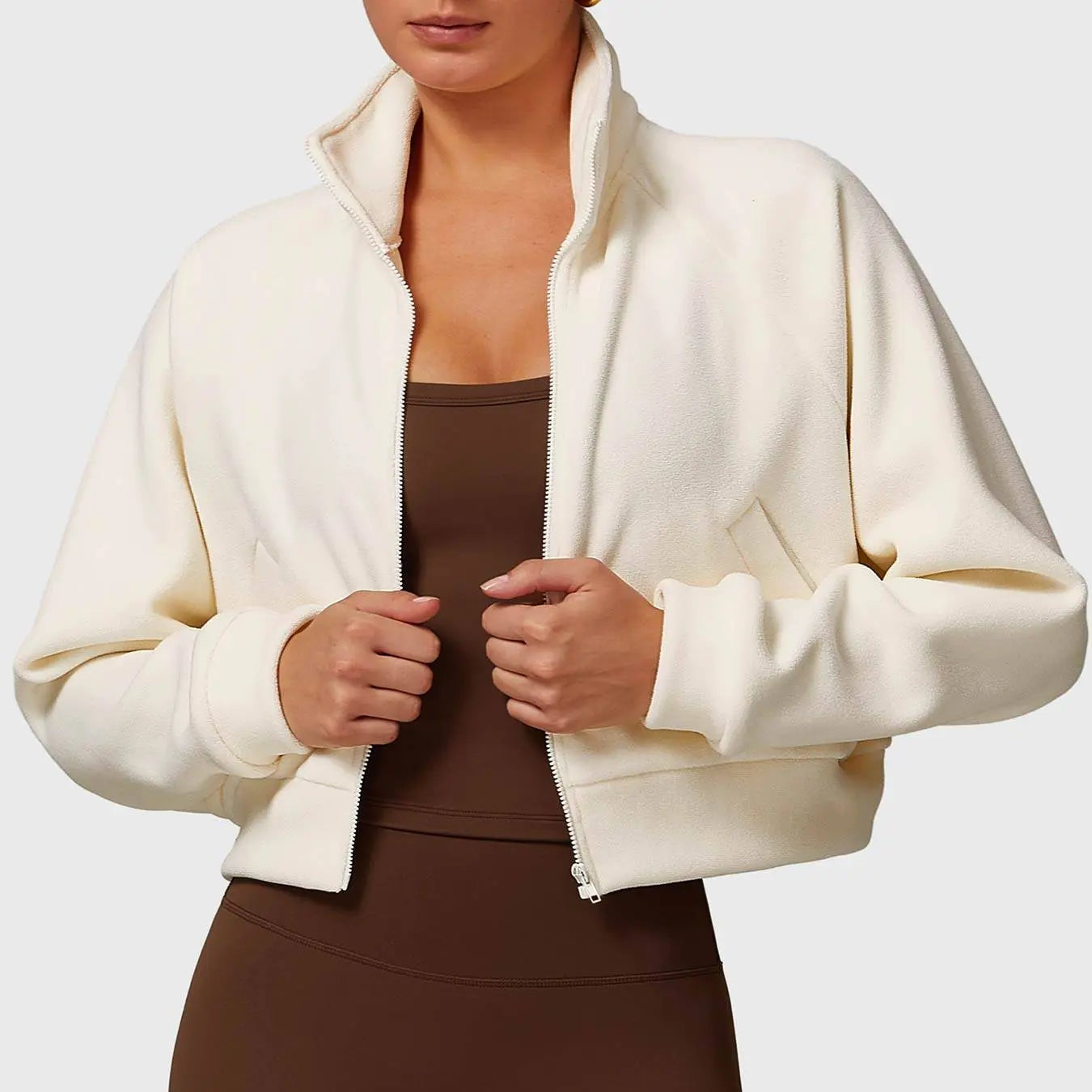 MunaWear  Vests  Mia – Cropped Gilet with High Collar, Zipper Closure, and Side Pockets in Soft Polar Fleece  Cream-XL