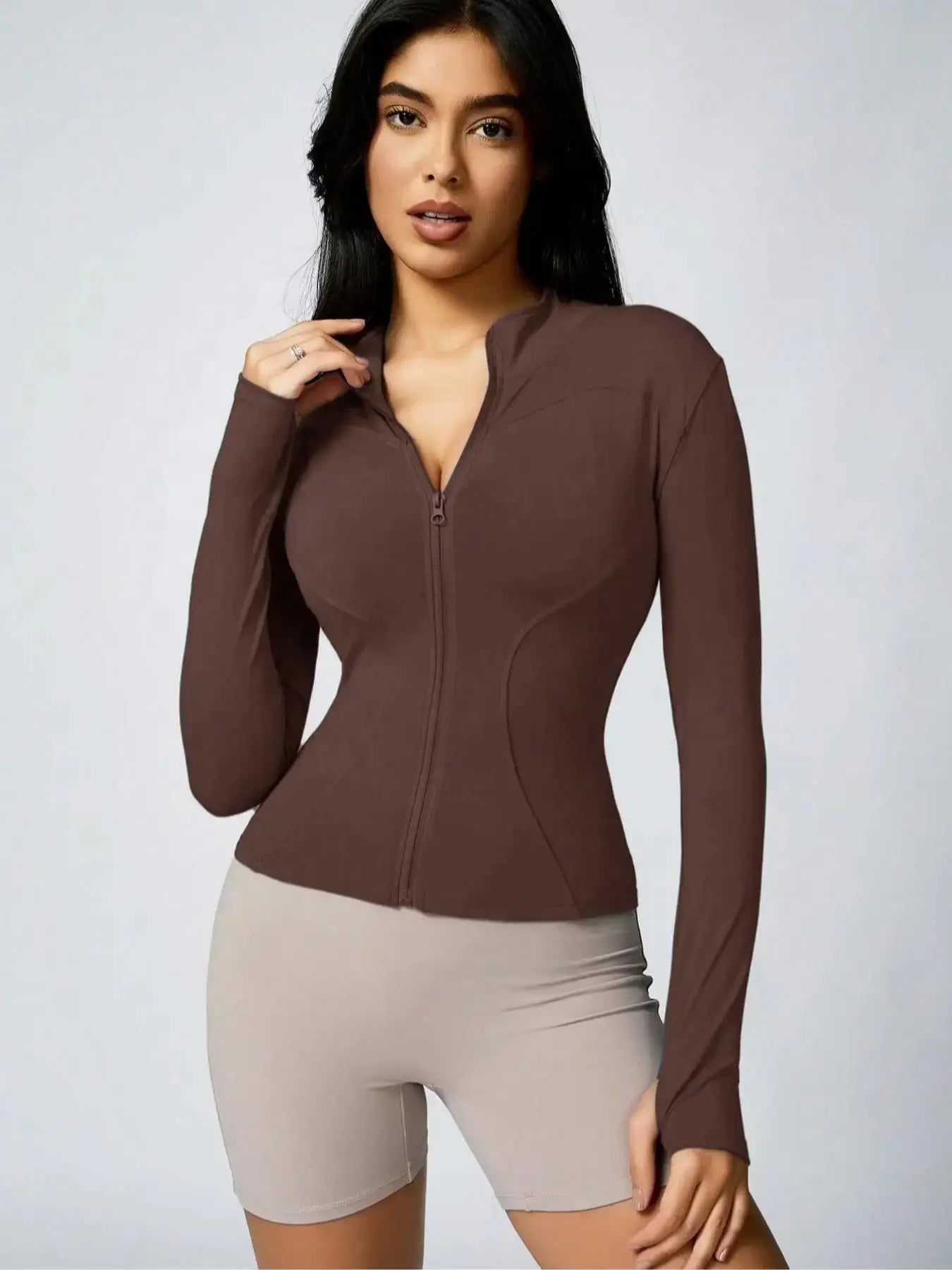 Ava – Solid Color Zipper Turtleneck Sports Jacket for Women, Long-Sleeved Gym Top, Size XS-L 14