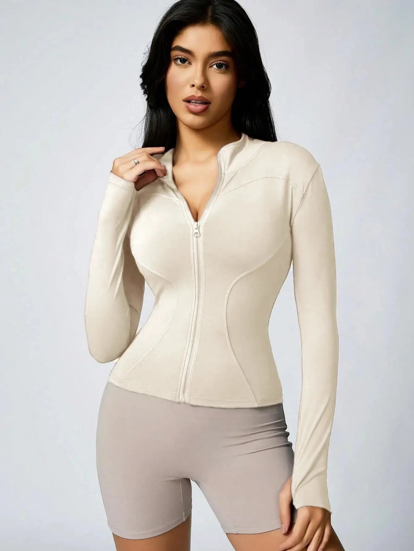 Ava – Solid Color Zipper Turtleneck Sports Jacket for Women, Long-Sleeved Gym Top, Size XS-L 16