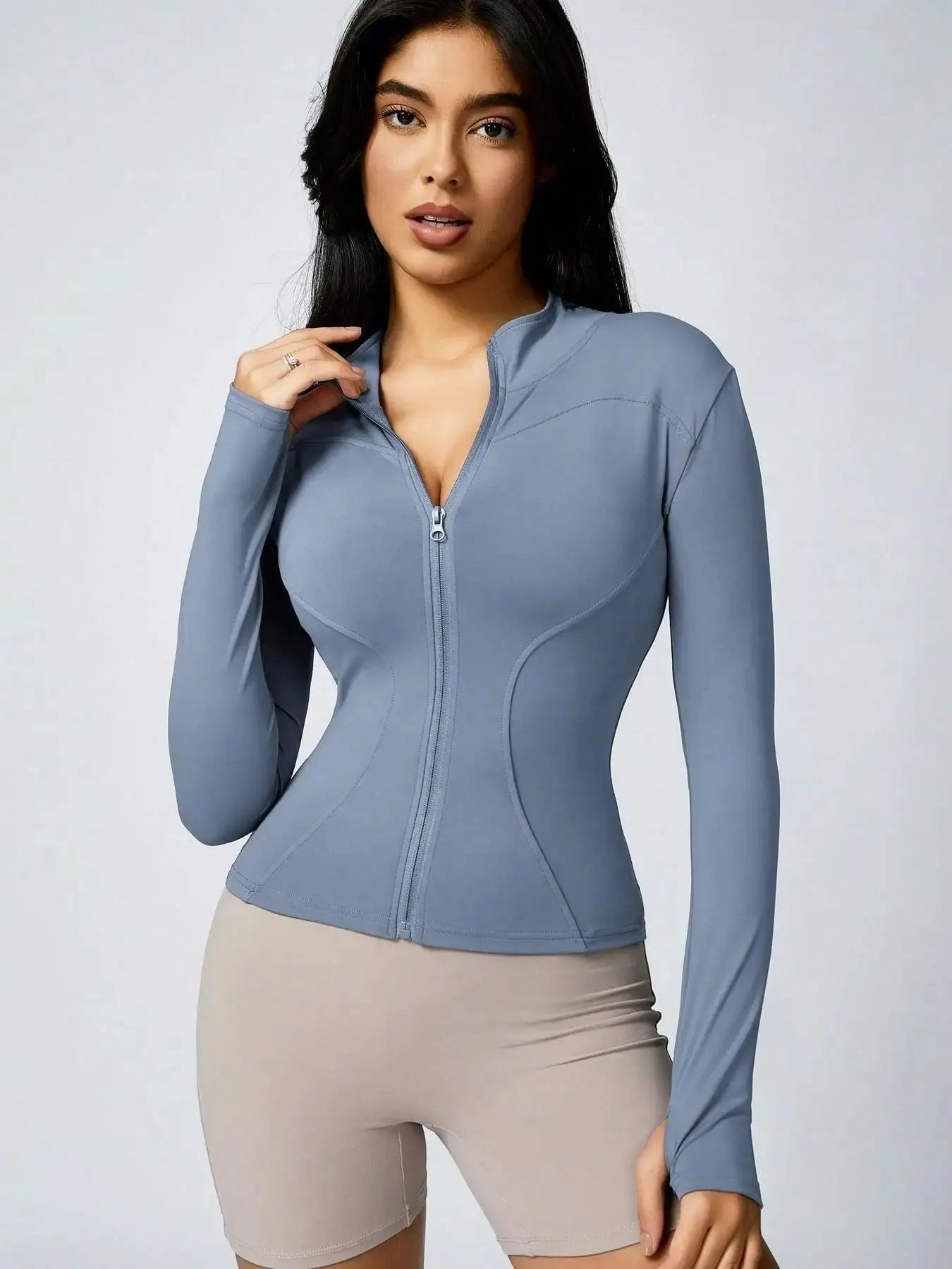 Ava – Solid Color Zipper Turtleneck Sports Jacket for Women, Long-Sleeved Gym Top, Size XS-L 13