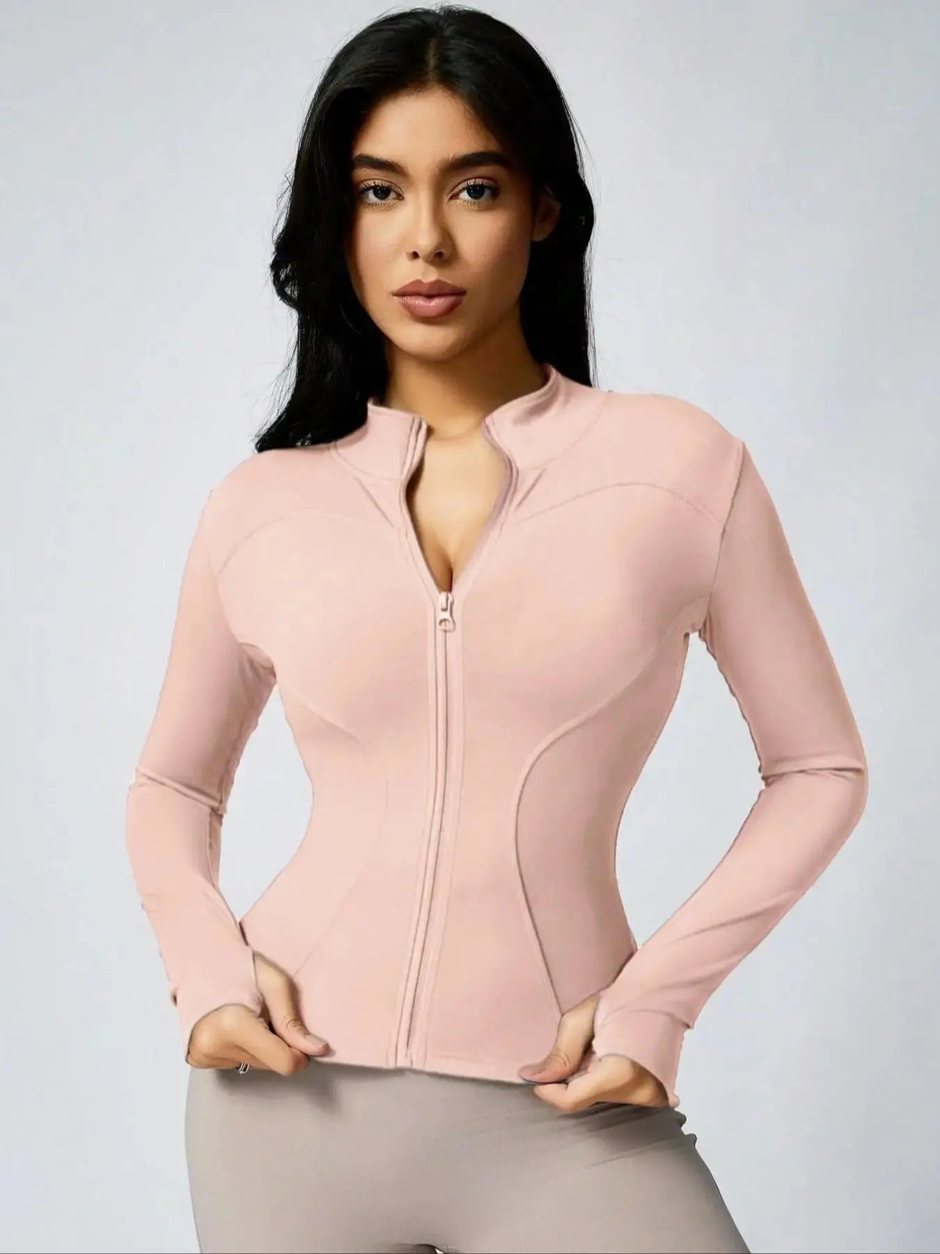 Ava – Solid Color Zipper Turtleneck Sports Jacket for Women, Long-Sleeved Gym Top, Size XS-L 11