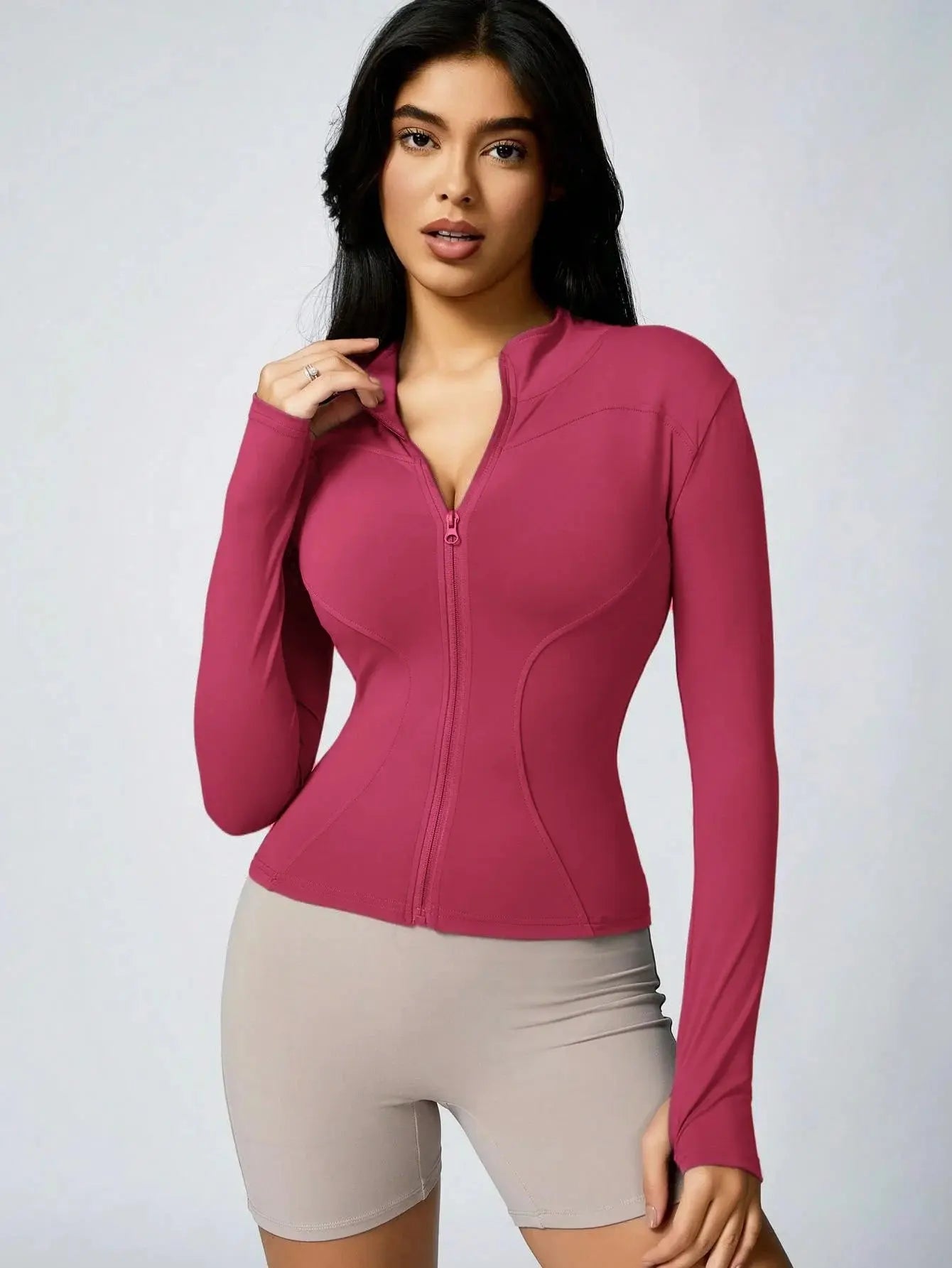 Ava – Solid Color Zipper Turtleneck Sports Jacket for Women, Long-Sleeved Gym Top, Size XS-L 9