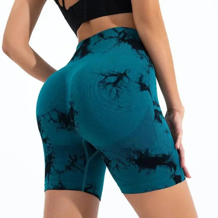 MunaWear  Women's Activewear  Maya – Seamless High-Waist Running Shorts with Trendy Tie-Dye Print for Active Women  Green-L