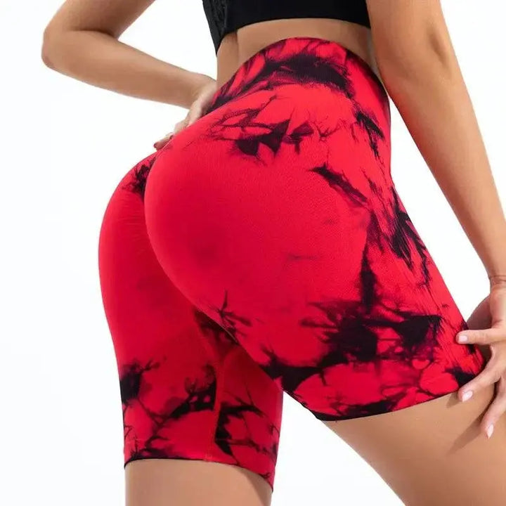 MunaWear  Women's Activewear  Maya – Seamless High-Waist Running Shorts with Trendy Tie-Dye Print for Active Women  Red-L