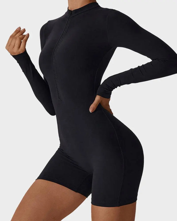 MunaWear  Women's Activewear  Mia – Breathable Shaping Fitness Jumpsuit Shorts with Flexible Fit and Convenient Front Zipper 