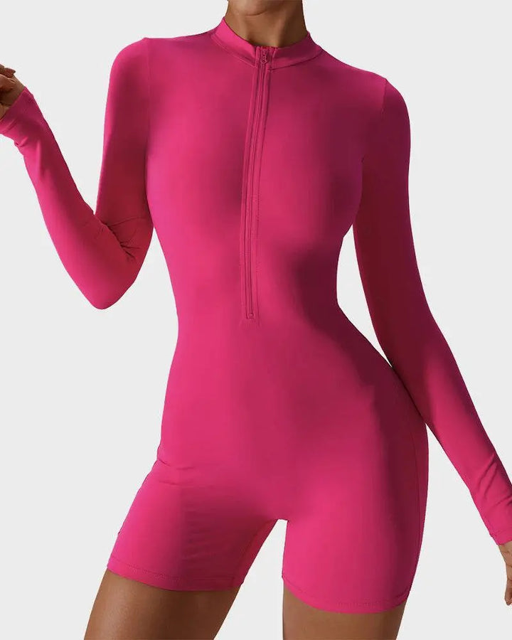 MunaWear  Women's Activewear  Mia – Breathable Shaping Fitness Jumpsuit Shorts with Flexible Fit and Convenient Front Zipper  Pink-XL